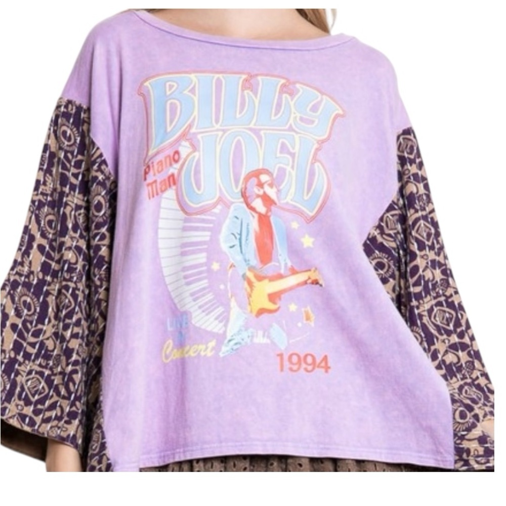 Custom Billy Joel Upcycled Kantha Graphic Tee / Boho Tunic Top - Picture 1 of 3